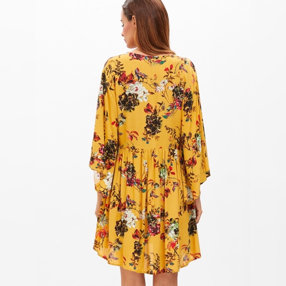 Boho Lace Up Front Bell Sleeve Floral Dress Yellow - Picture 2 of 5
